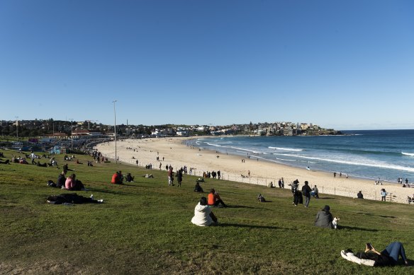 Bondi beachgoers rugged up this weekend as a cold front moved through NSW.
