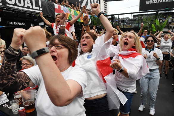 England fans react as they watch the FIFA Women’s World Cup quarter-final match between England and Colombia at Boxpark Croydon, UK.