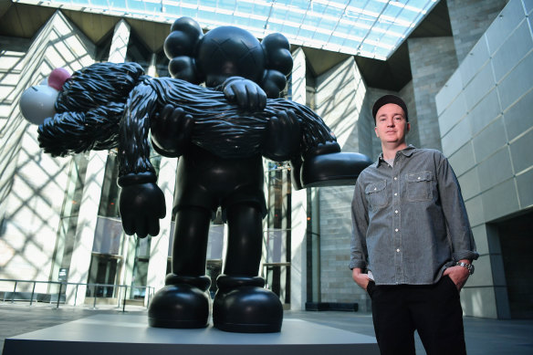The newly commissioned seven-metre-tall sculpture Gone by Brian Donnelly, better known as KAWS, at the National Gallery of Victoria.