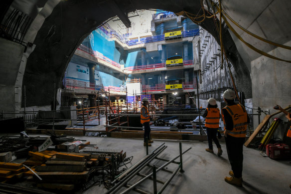 The Town Hall station, part of the Metro Tunnel, which is facing costly delays which threaten its 2025 opening date. 