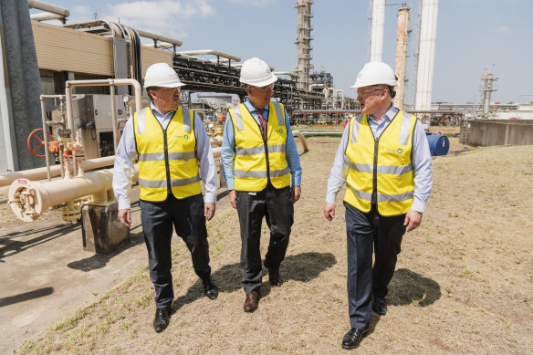 Beach Energy CEO Matt Kay, Qenos CEO Stephen Bell and Santos CEO Kevin Gallagher announce a gas supply deal for the Qenos plant in Botany that has been under threat of closure. 
