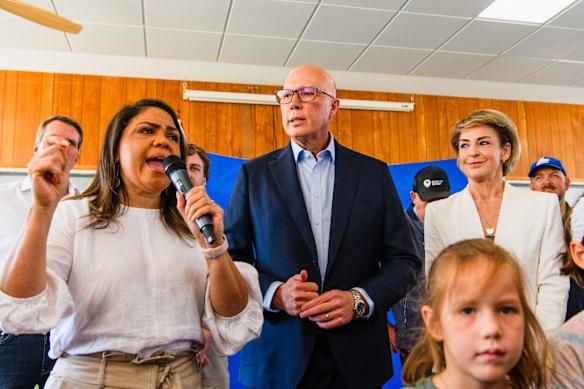 Jacinta Nampijinpa Price with Peter Dutton and Michaelia Cash in Perth on April 12.
