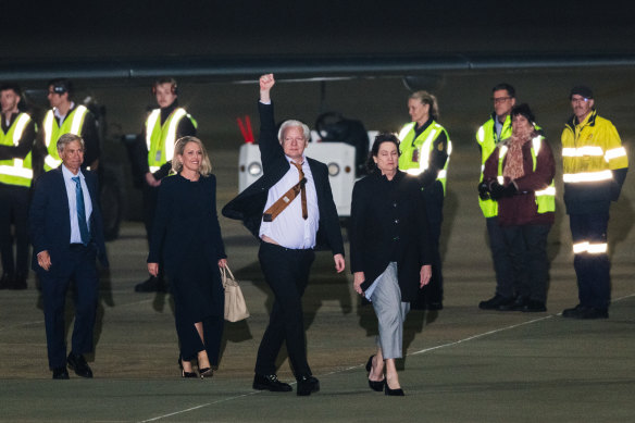 Assange on the tarmac in Canberra.