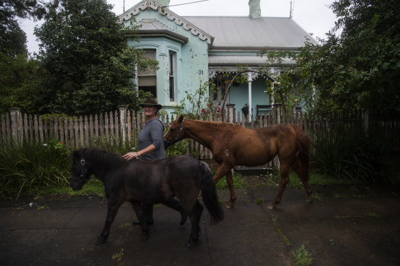 Sarah O’Connell taking her horses Minnie and Bob for a walk along George St, Windsor