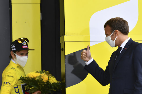 French President Emmanuel Macron attended the Tour de France on Wednesday.