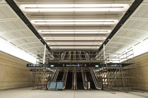 A bank of escalators at the new Martin Place metro station. 