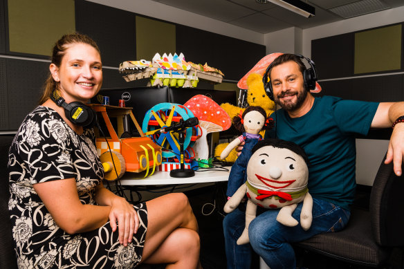 ABC Kids Audio senior producer Emma Gibbs and presenter Teo Gebert in the studio with beloved Play School characters.