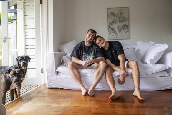 Souths Forever ... Jai Arrow and Liam Knight are loving life and each other at their Bronte home.