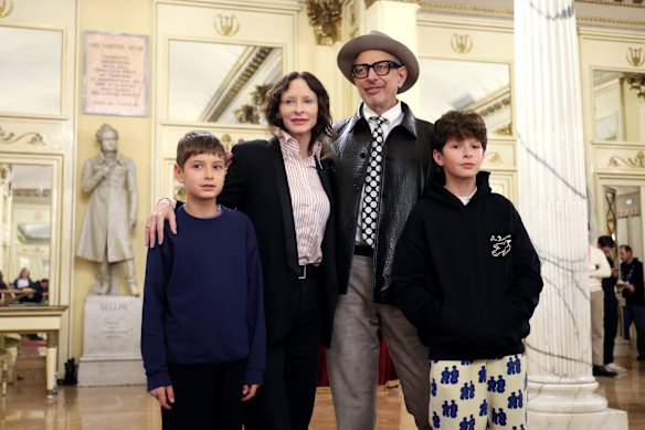 Jeff Goldblum with his partner, Emilie Livingston, and their sons at the Winter Olympics opening ceremony in Milan earlier this year.