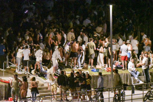 Revellers gather at Bondi Beach on Friday night.