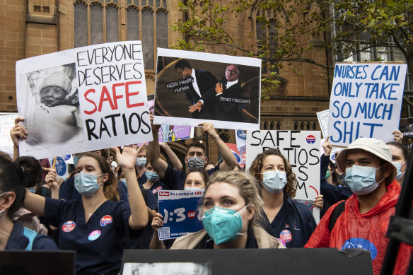 NSW nurses protesting outside Parliament House in March