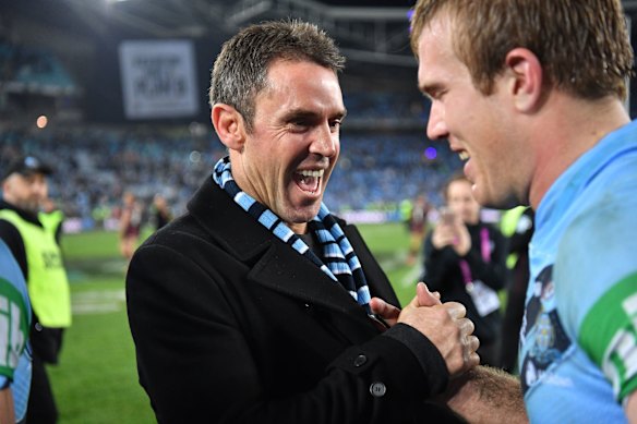 Blues coach Brad Fittler and Jake Trbojevic after an Origin win.