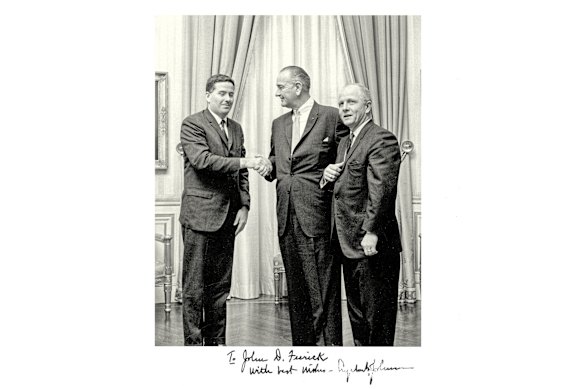 Lawyer John Feerick, left, with president Lyndon B. Johnson and House representative Richard Poff when the amendment was finalised in 1967.  