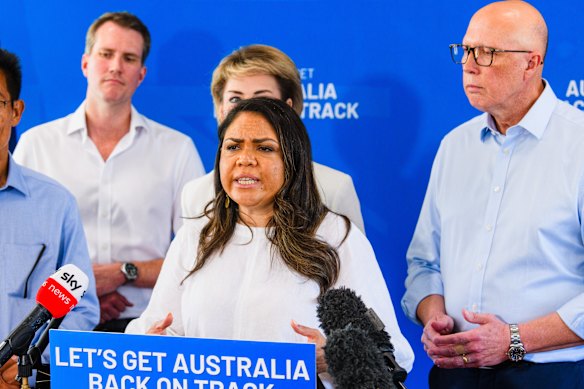 Jacinta Nampijinpa Price speaks alongside Peter Dutton during the Coalition’s ill-fated recent election campaign.