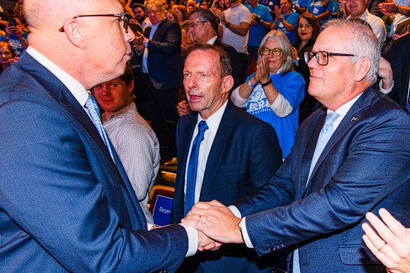 Then-opposition leader Peter Dutton  with former prime ministers Scott Morrison and Tony Abbott in 2025.