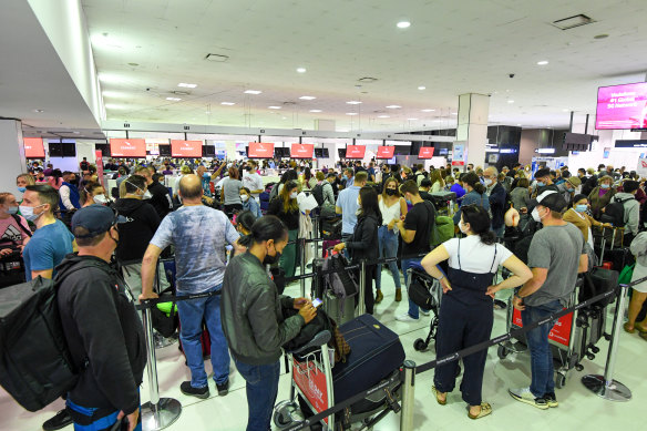 Qantas passengers queuing at Sydney Airport for a flight to New Zealand. 