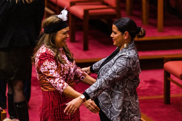 Liberal Senator Jacinta Price embraces Labor Senator Jana Stewart after Stewart’s first speech in the Senate on Wednesday.