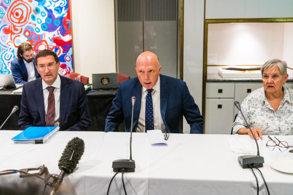Julian Leeser, left, with Opposition Leader Peter Dutton and Voice working group member Pat Anderson, said the discussion was respectful.