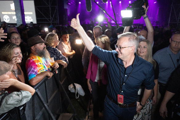 Feeling blue: Opposition leader Anthony Albanese at the Byron Bay Bluesfest on Sunday.