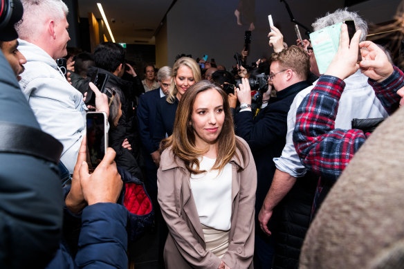 Julian Assange’s wife Stella arrives at a press conference at the East Hotel in Canberra.