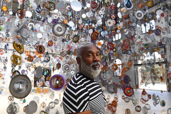 US artist Nick Cave with his huge installation at Carriageworks in Eveleigh.
Photo Nick Moir20 nov 2018