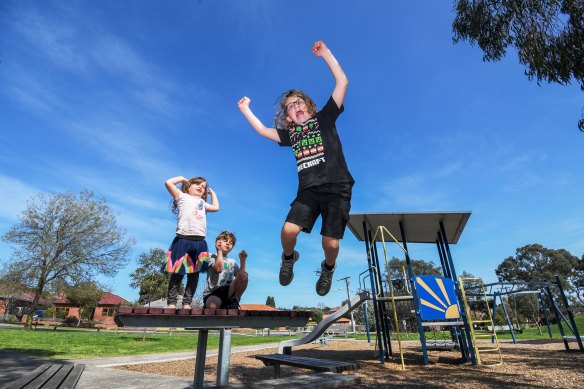 Rocco, 9, Reggie, 7, and Evie, 4, are happy that playgrounds will be reopening. 