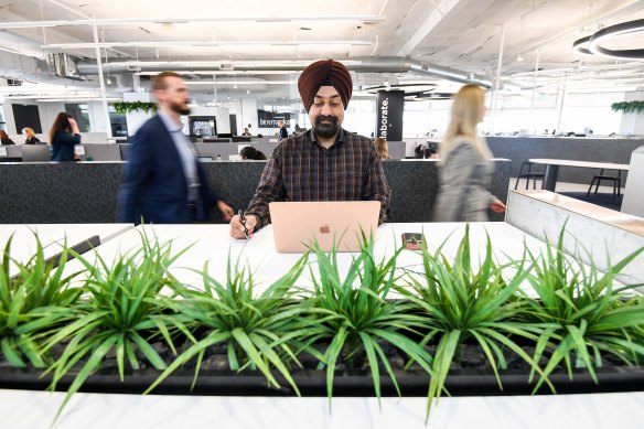 Worker Harman Singh at a suburban Waterman’s co-working space.