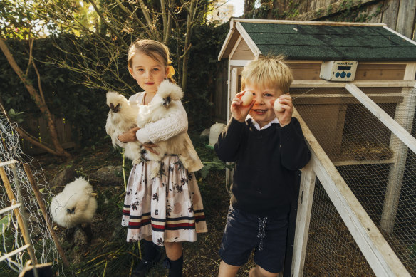 Daphne and Peter Ward, age 5 and 3, with the silkies in their backyard in Cremorne.