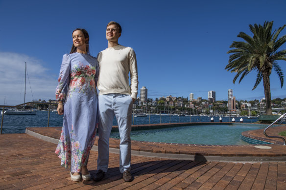 Julia Maguire with Andrew Spira outside their Elizabeth Bay apartment.