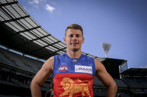 Dayne Zorko wearing the Brisbane Lions jumper based on the Fitzroy colours. 