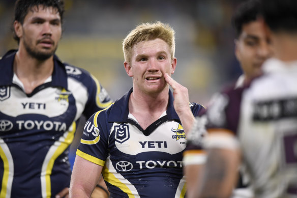 Tom Dearden cuts a dejected figure after his North Queensland Cowboys were run down by the Brisbane Broncos.