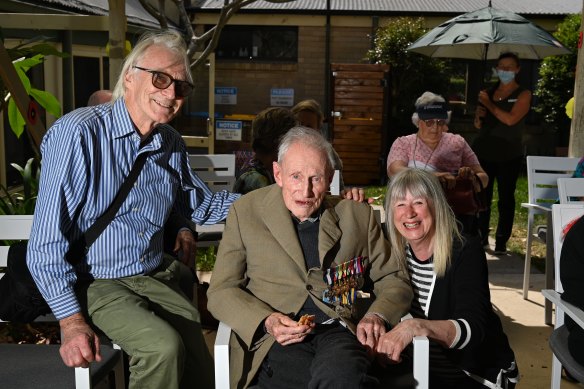 Michael Hickie with his son Tim and daughter Tessa at the RSL Anzac Village in Narrabeen.