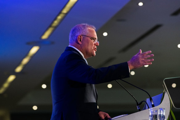 Prime Minister Scott Morrison speaking in Perth last night. 