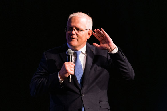 Prime Minister Scott Morrison attends a Liberal Party rally in the seat of Maribyrnong, Melbourne, today.
