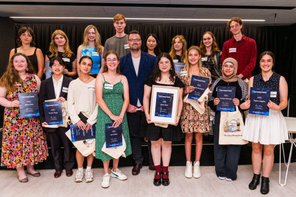 Finalists and winners at the 2023 Essay Prize awards, with SMH Editor Bevan Shields.