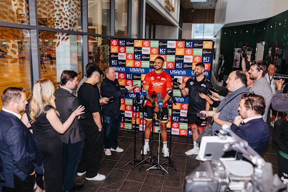 Latrell Mitchell fronts the cameras at Heffron Park.