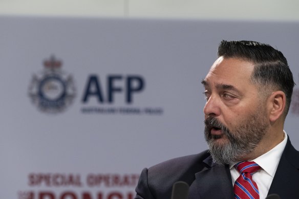 FBI’s representative Anthony Russo addresses the media on the raids and arrests on organised crime using compromised encypted communication apps. 