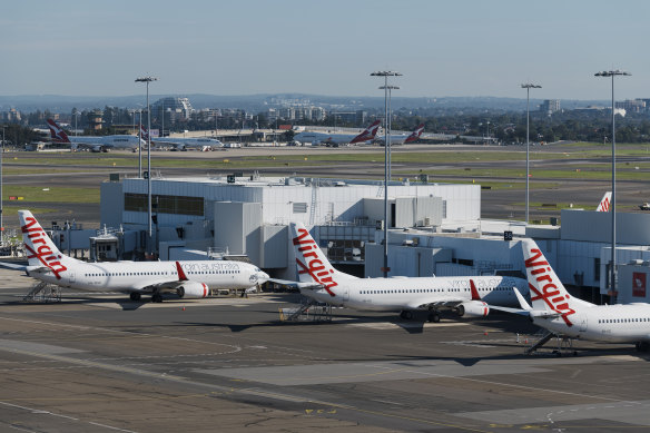 Grounded Virgin planes at Sydney Airport last week.