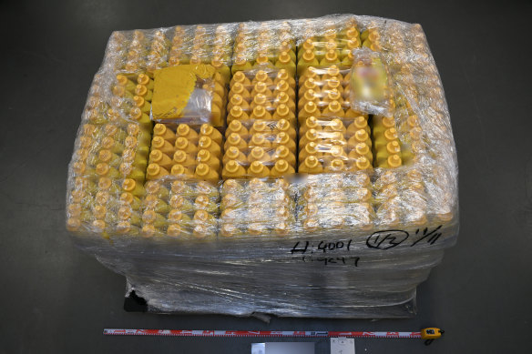 Police seized more than 1600 mustard bottles that contained liquid methamphetamine.