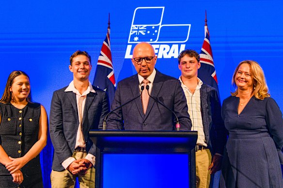 Opposition leader Peter Dutton is joined by his family as he concedes defeat against Anthony Albanese at the Coalition’s election night function in Brisbane.