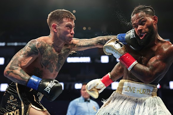 Liam Paro punches Montana Love during their WBO Intercontinental Super Lightweight Title fight in San Francisco last December.