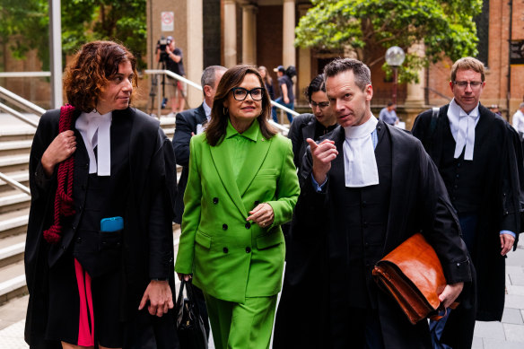 Lisa Wilkinson leaves court in November last year, flanked by her barrister Sue Chrysanthou, SC (left), and Ten’s barrister, Matt Collins, KC.