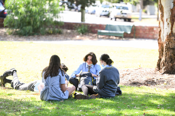 Students from Albert Park College at Gasworks Park on Tuesday.