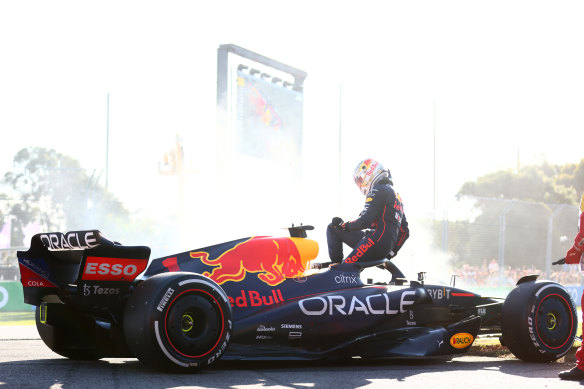 Max Verstappen made a hasty exit from his Red Bull after the overheating car ended his race early.