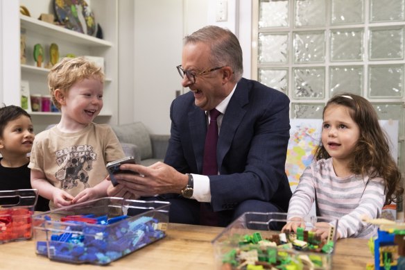 Prime Minister Anthony Albanese during a visit to Manuka Childcare Centre in Canberra.