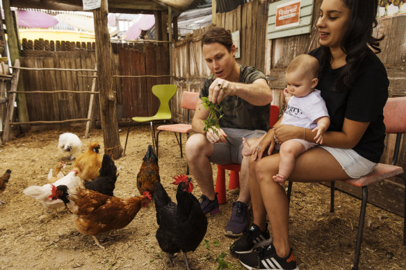 Chicken shoppers Matt and Naomi Whiteley with their daughter Shiloh at New Leaf Nursery in Ingleside.