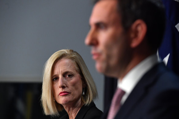 Finance Minister Katy Gallagher with Treasurer Jim Chalmers. They are overseeing a “line by line” examination of budget spending.