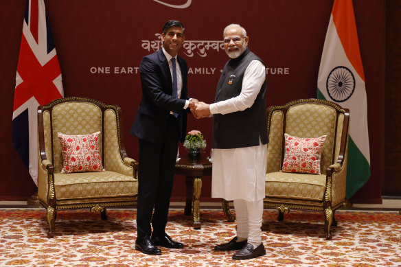 Indian Prime Minister Narendra Modi meets his British counterpart Rishi Sunak at the G20 in New Delhi.