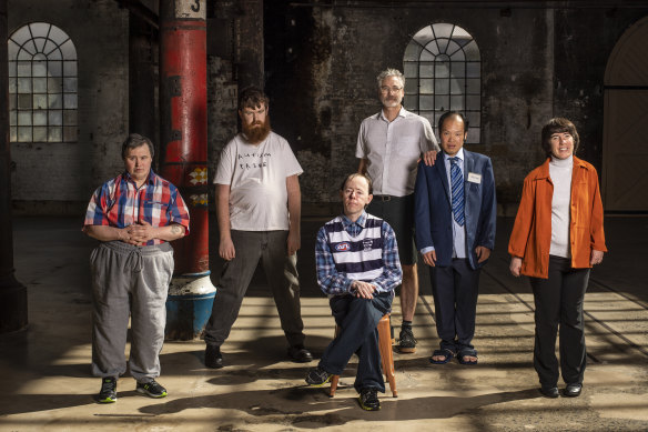Mark Deans, Scott Price, Simon Laherty, Bruce Gladwin (artistic director),  Michael Chan and Sarah Mainwaring, the cast of Back to Back Theatre in "The Shadow Whose Prey the Hunter Becomes" at Carriageworks last year.