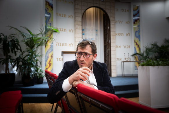 Rabbi Gabi Kaltmann speaks at a synagogue in Melbourne’s inner east on Tuesday.